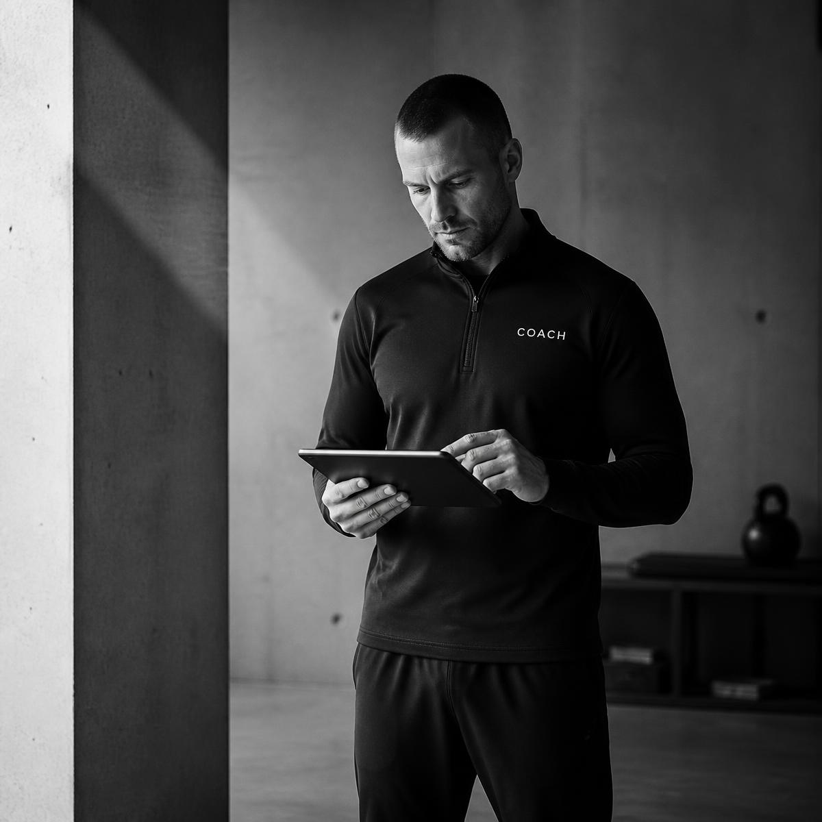 Coach reviewing a client training program on a tablet